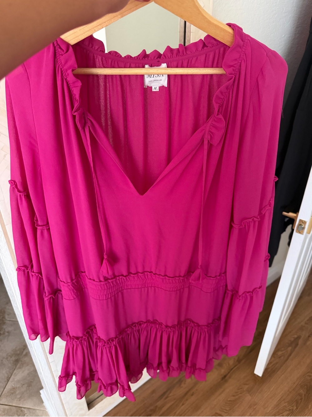 Misa Los Angeles Feminine Women’s Fuchsia Ruffle Tiered Long-Sleeve Dress - Picture 2 of 6